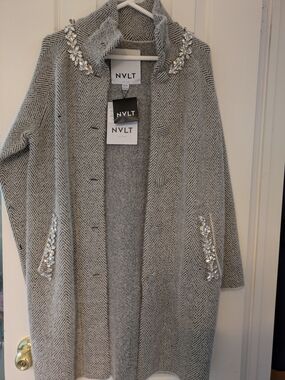 NVLT Women's Embellished Herringbone Gray Coat Sweater